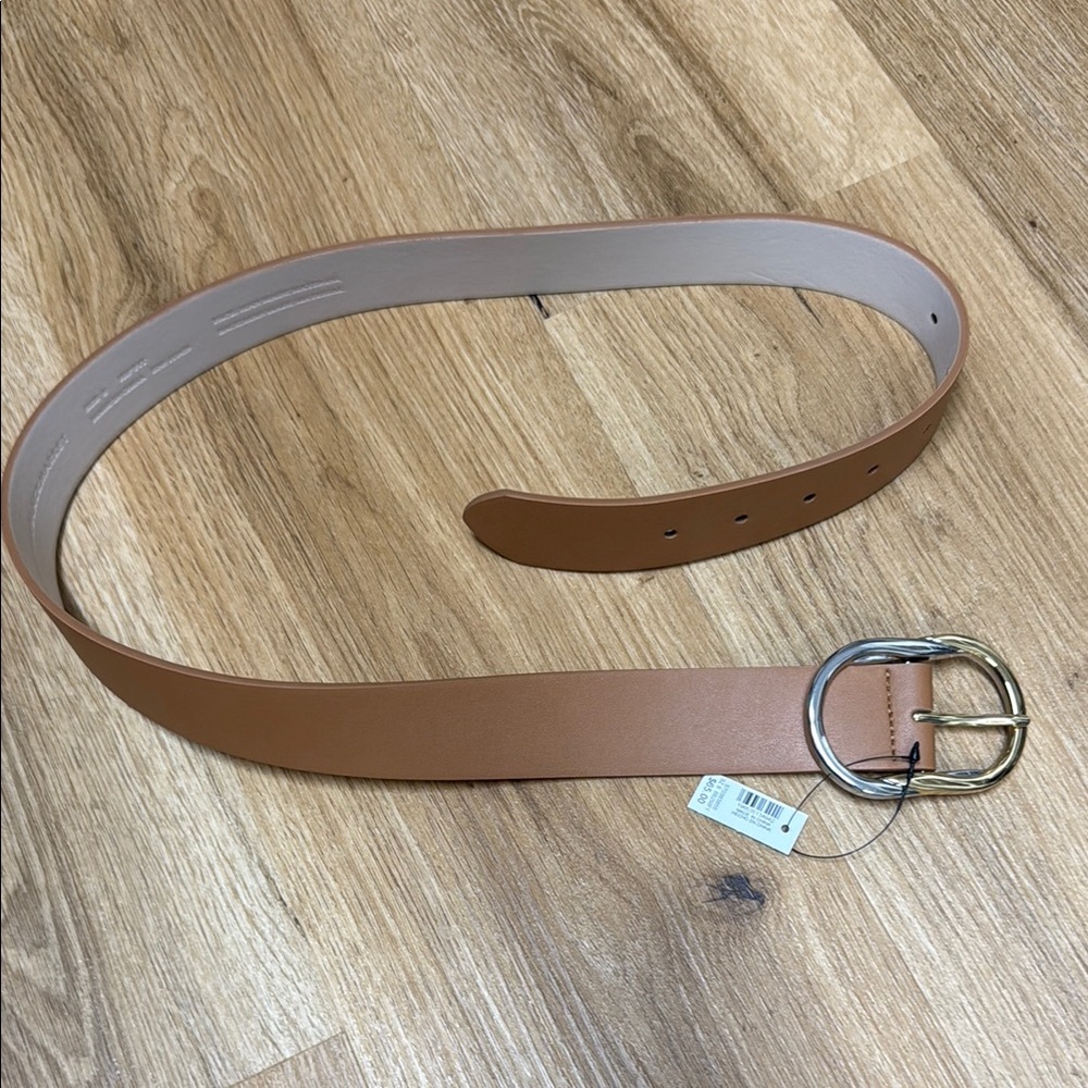 Tan Belt with Gold and Silver buckle; man made material